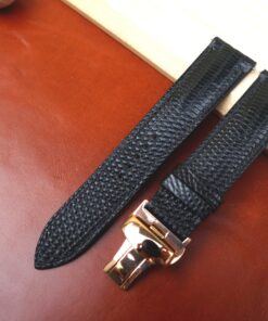 lizard black leather watch strap with butterfly steel clasp